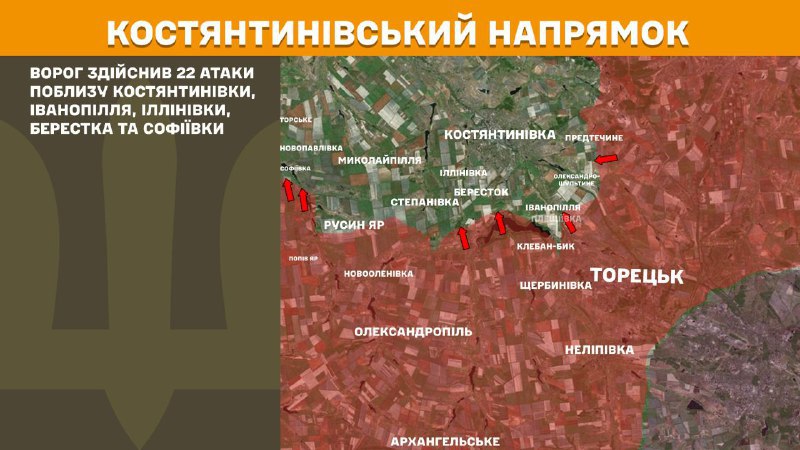 At Kostiantynivka direction clashes yesterday near Kostyantynivka, Ivanopillya, Illinivka, Berestok and Sofiyivka, - General Staff of Armed Forces of Ukraine reports