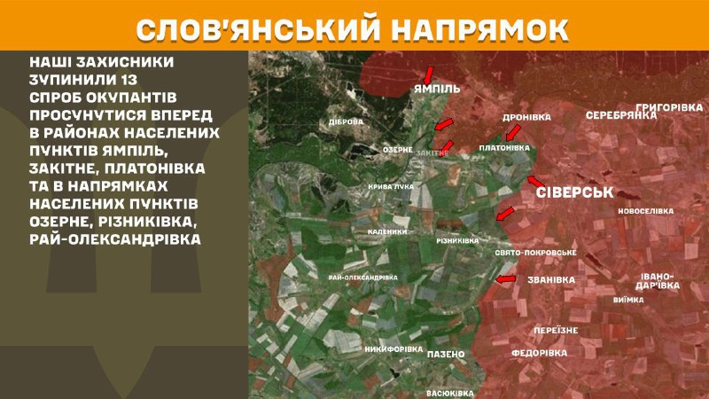 At Sloviansk direction clashes yesterday near Yampil, Zakitne, Platonivka and towards Ozerne, Riznykivka, Ray-Oleksandrivka, - General Staff of Armed Forces of Ukraine reports