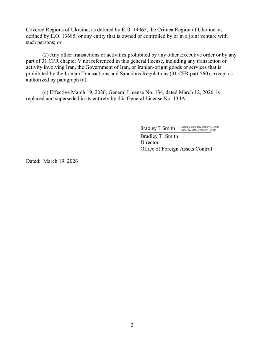 The US further eases Russian oil sanctions, now allowing also the sale of petroleum refined products (until now it was only crude oil) that were loaded into tankers by March 12. The relaxation is valid until April 11