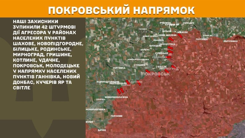 At Pokrovsk direction clashes yesterday near Shakhove, Novopidhorodnie, Bilytske, Rodynske, Myrnohrad, Hryshyne, Kotlyne, Udachne, Pokrovsk, Molodetske, towards Hannivka, Novyy Donbas, Kucheriv Yar and Svitle, - General Staff of Armed Forces of Ukraine reports