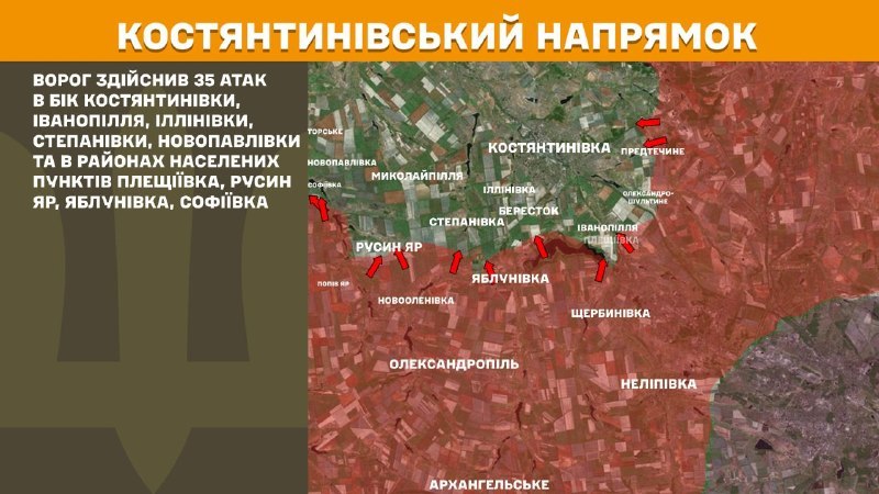 At Kostiantynivka direction clashes yesterday near Kostyantynivka, Ivanopillya, Illinivka, Stepanivka, Novopavlivka and near Pleschiyivka, Rusyn Yar, Yablunivka, Sofiyivka, - General Staff of Armed Forces of Ukraine reports