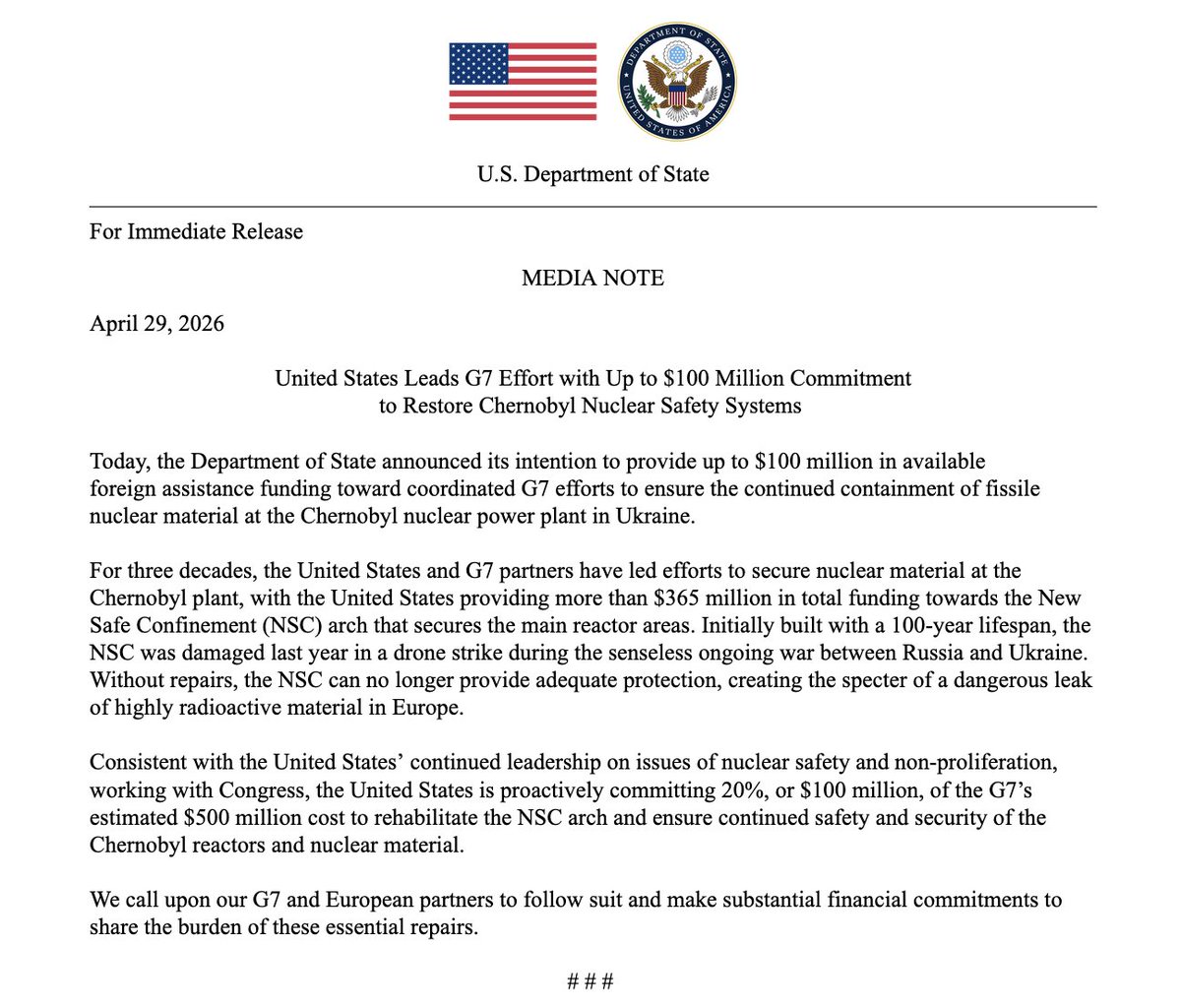 США выделяют 100 миллионов долларов на ремонт треснувшей защитной оболочки Чернобыльской АЭС после удара беспилотника. Госдепартамент предупреждает о призраке утечки радиоактивных веществ в Европе и призывает союзников по G7 помочь профинансировать экстренное восстановление защитной оболочки ядерной станции стоимостью 500 миллионов долларов.
