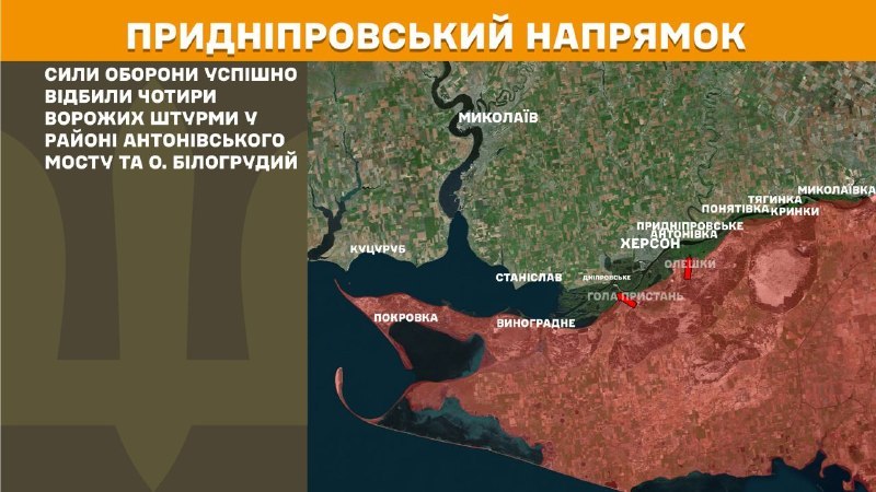 Ayer se produjeron enfrentamientos en la dirección de Jersón, cerca del puente Antonivskiy y la isla Bilohrudyy, según informa el Estado Mayor de las Fuerzas Armadas de Ucrania.