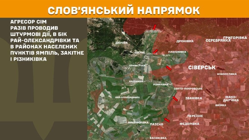 En la dirección de Sloviansk se registraron enfrentamientos ayer cerca de Ray-Oleksandrivka y cerca de Yampil, Zakitne y Riznykivka, según informa el Estado Mayor de las Fuerzas Armadas de Ucrania.