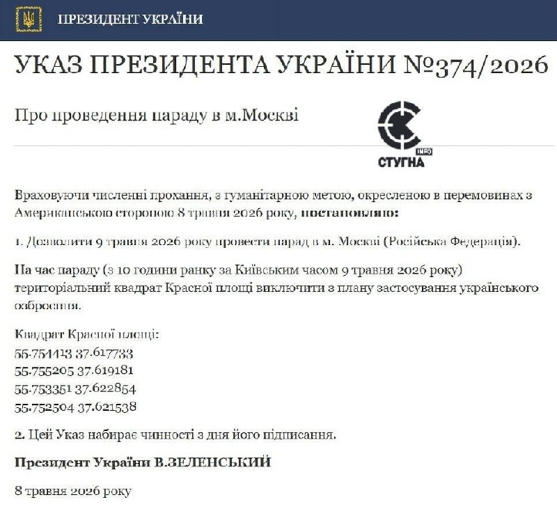 Zelensky, 9 Mayıs'ta Moskova'daki Kızıl Meydan'da grev yapılmasını yasaklayan bir kararname yayınladı.