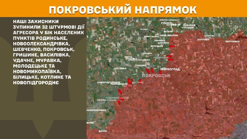Ayer hubo enfrentamientos en dirección Pokrovsk cerca de Rodynske, Shevchenko, Pokrovsk, Hryshyne, Vasylivka, Udachne, Muravka, Molodetske y Novomykolayivka, Bilytske, Novooleksandrivka, Kotlyne y Novopidhorodnye, informa el Estado Mayor de las Fuerzas Armadas de Ucrania.