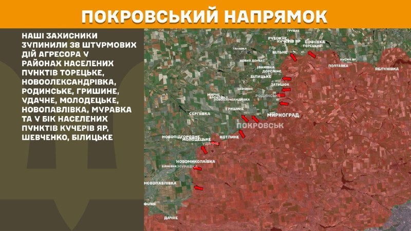 Ukrayna Silahlı Kuvvetleri Genelkurmay Başkanlığı, dün Pokrovsk yönünde Toretske, Novooleksandrivka, Rodynske, Hryshyne, Udachne, Molodetske, Novopavlivka, Muravka yakınlarında ve Kucheriv Yar, Shevchenko, Bilytske yönünde çatışmalar yaşandığını bildirdi.
