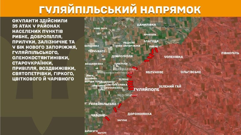 Ukrayna Silahlı Kuvvetleri Genelkurmay Başkanlığı, Huliaipole yönünde dün Rybne, Dobropillya, Pryluky, Zaliznychne yakınlarında ve Nove Zaporizhzhya, Huliaipilske, Olenokostyantynivka, Staroukrayinka, Pryvillya, Vozdvyzhivka, Svyatopetrivka, Hirke, Tsvitkove ve Charivne'ye doğru çatışmalar yaşandığını bildirdi.