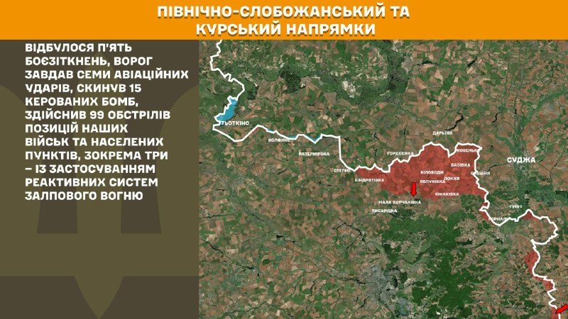 Ukrayna Silahlı Kuvvetleri Genelkurmay Başkanlığı'nın bildirdiğine göre, Kursk ve Kuzey Slobozhansky (Sumy) yönünde Ukrayna güçleri 5 Rus ordusu saldırısını püskürttü