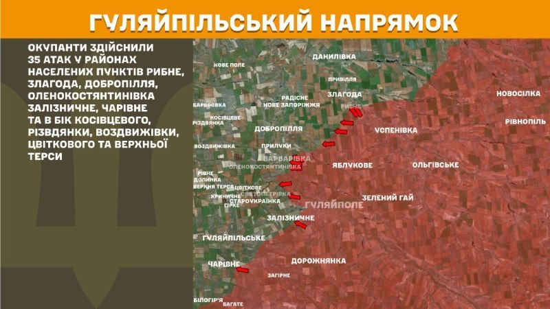 Ukrayna Silahlı Kuvvetleri Genelkurmay Başkanlığı, dün Huliaipole istikametinde Rybne, Zlahoda, Dobropillya, Olenokostyantynivka, Zaliznychne, Charivne yakınlarında ve Kosivtseve, Rizvdyanka, Vozdvyzhivka, Tsvitkove ve Verkhna Tersa yönünde çatışmalar yaşandığını bildirdi.
