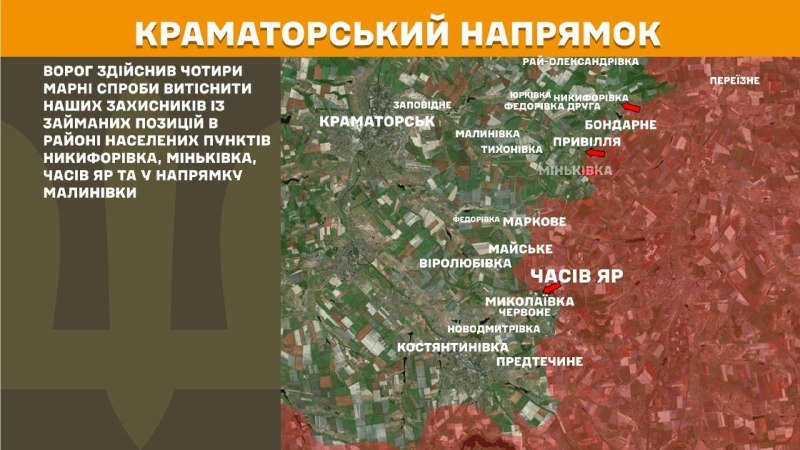 Gestern kam es in Richtung Kramatorsk bei Nykyforivka, Minkivka, Chasiv Yar und in Richtung Malynivka zu Zusammenstößen, wie der Generalstab der ukrainischen Streitkräfte berichtet.