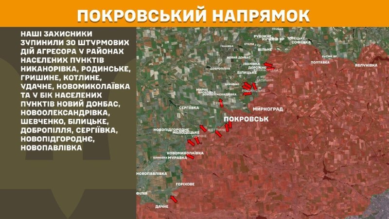 In der Richtung Pokrowsk kam es gestern zu Zusammenstößen in der Nähe von Nykanorivka, Rodynske, Hryschyne, Kotlyne, Udatschne, Nowomykolayivka und in Richtung Novyy Donbas, Novooleksandrivka, Shevchenko, Bilytske, Dobropillya, Serhiyivka, Novopidhorodnye, Novopavlivka, berichtet der Generalstab der Streitkräfte der Ukraine