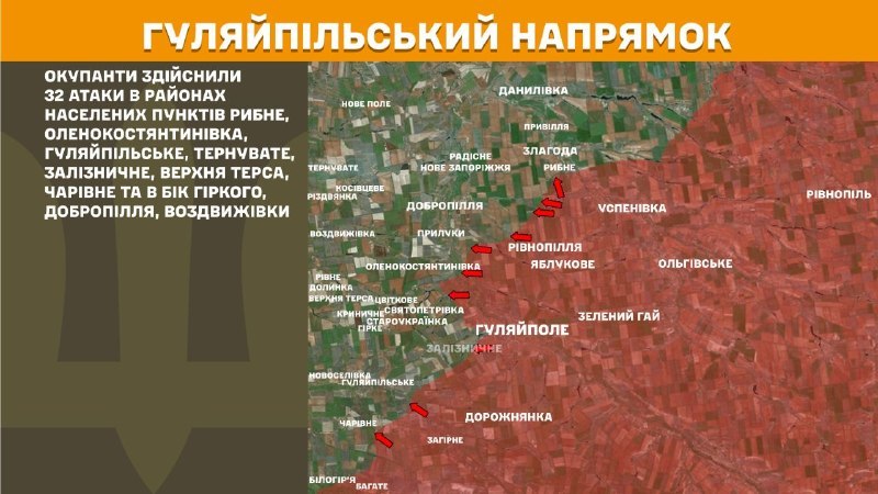 Ayer hubo enfrentamientos en dirección Huliaipole cerca de Rybne, Olenokostyantynivka, Huliaipilske, Ternuvate, Zaliznychne, Verkhnya Tersa, Charivne y en dirección a Hirke, Dobropillya, Vozdvyzhivka, informa el Estado Mayor de las Fuerzas Armadas de Ucrania