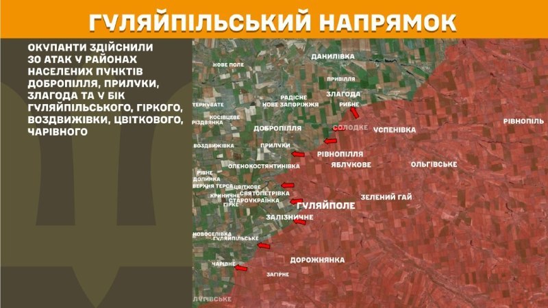 In der Richtung Huliaipole kam es gestern zu Zusammenstößen in der Nähe von Dobropillya, Pryluky, Zlahoda und in Richtung Huliaipilske, Hirke, Vozdvyzhivka, Tsvitkove, Charivne, berichtet der Generalstab der Streitkräfte der Ukraine