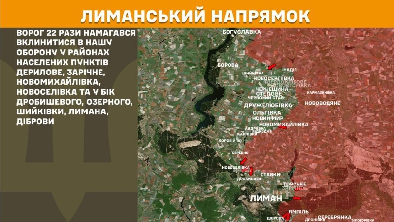 In der Richtung Lyman kam es gestern zu Zusammenstößen in der Nähe von Derylove, Zarichne, Novomykhaylivka, Novoselivka und in Richtung Drobysheve, Ozerne, Shyykivka, Lyman, Dibrova, berichtet der Generalstab der Streitkräfte der Ukraine