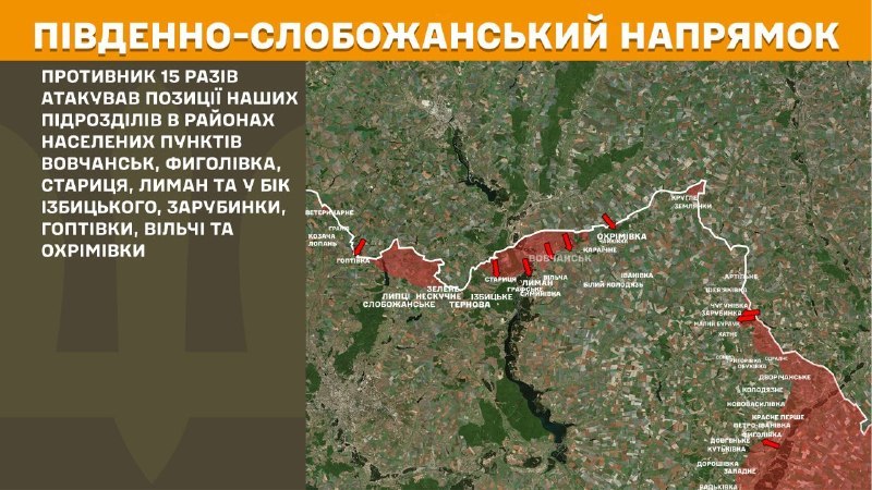 At South Slobozhansky(Kharkiv) direction clashes yesterday near Vovchansk, Fyholivka, Starytsya, Lyman, Izbytske, Zarubynka, Hoptivka, Vilcha, Okhrimivka, - General Staff of Armed Forces of Ukraine reports