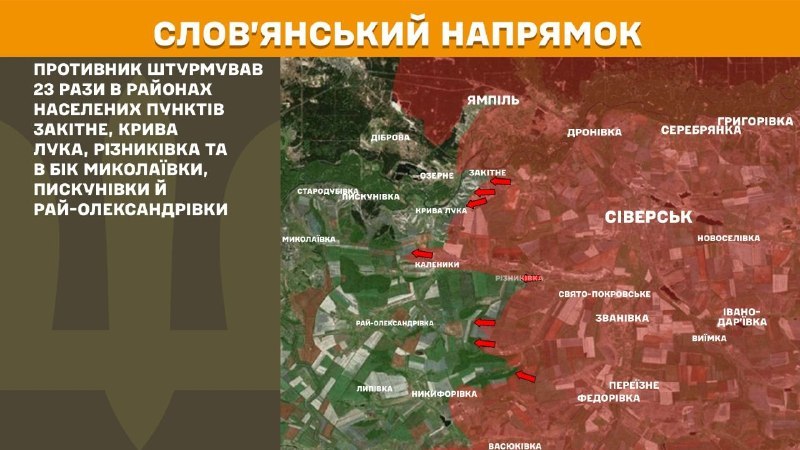 At Sloviansk direction clashes yesterday near Zakitne, Kryva Luka, Riznykivka and towards Mykolayivka, Pyskunivka and Ray-Oleksandrivka, - General Staff of Armed Forces of Ukraine reports