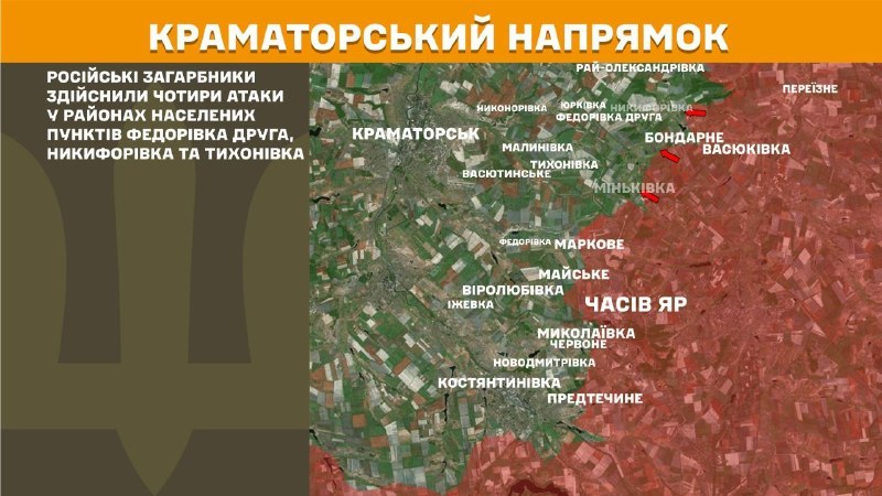 At Kramatorsk direction clashes yesterday near Fedorivka Druha, Nykyforivka, Tykhonivka, - General Staff of Armed Forces of Ukraine reports