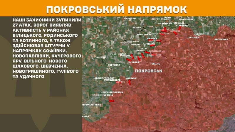 At Pokrovsk direction clashes yesterday near Bilytske, Rodynske, Kotlyne, Sofiyivka, Novopavlivka, Kucheriv Yar, Vilne, Nove Shakhove, Shevchenko, Novohryshyne, Hulive, Udachne, - General Staff of Armed Forces of Ukraine reports